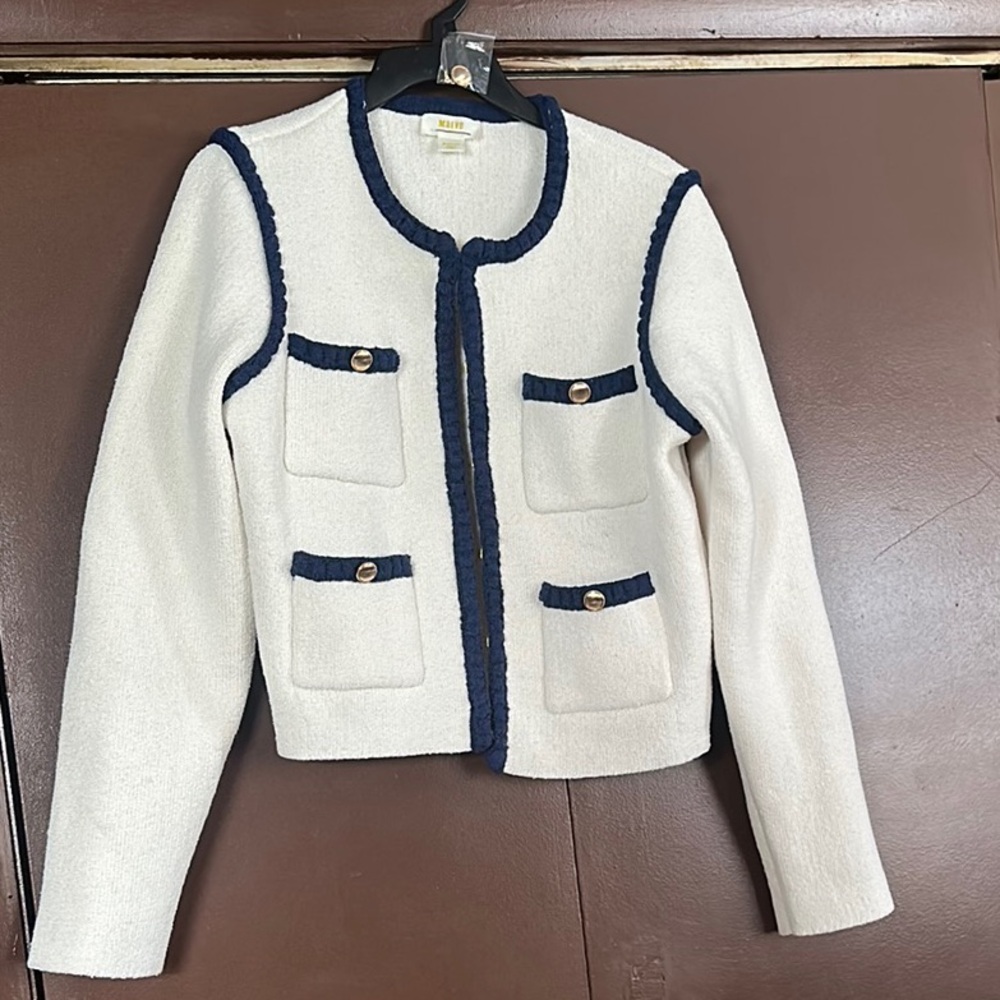 Anthropologie Elegant White Jacket with Navy Accents